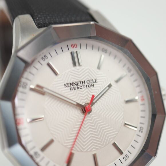 Kenneth Cole Reaction Watch 34mm Dodecagon Silver Tone Black Leather KC2471 - Picture 6 of 16